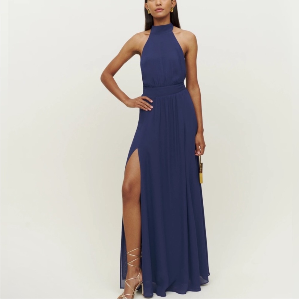 Reformation Andee Dress - Blue Halter Maxi Side Slit Size 10 - Picture 4 of 9
